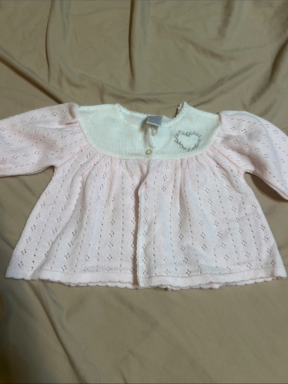 Class Club Pink Knit Cardigan with White Yoke and Embroidered Heart